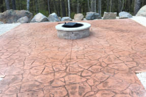 Stamped and Colored Cement Slabs - Stamped concrete, often called textured or imprinted concrete, replicates stones, such as slate and flagstone, tile, brick and even wood. The wide variety of pattern and color choices make it popular for beautifying pati